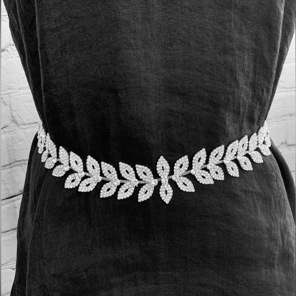 Silver Double Leaf Pattern Crystal Wedding Belt - image 2